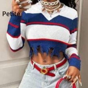 V-NeckSleeve Blue & White Striped Ripped Sweater